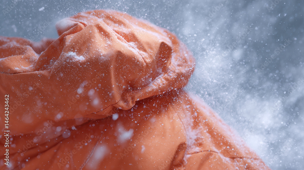 Fototapeta premium Orange winter jacket surrounded by snowflakes in snowy scene