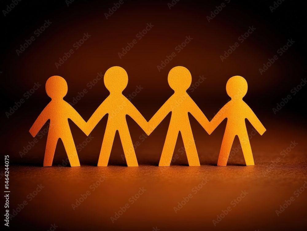 Engaging concept of four orange paper figures holding hands symbolizing unity and connection showcasing friendship collaboration and community in a warm, inviting setting Engaging concept of four orange paper figures holding hands symbolizing unity and connection showcasing friendship collaboration and community in a warm, inviting setting