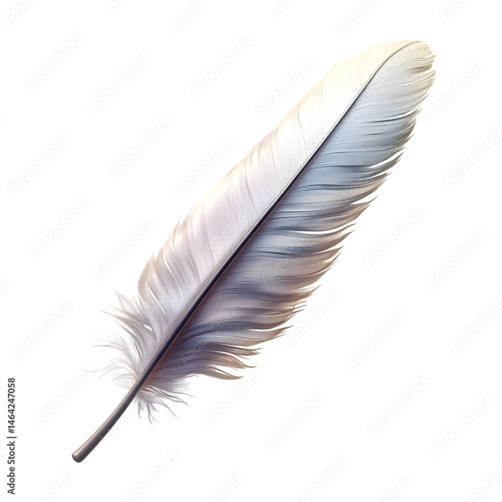 Fototapeta premium Stylized, close-up digital graphic of a single, white feather resting on a textured surface, likely a book or desk.