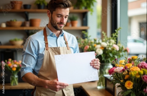 A man in a cap and overalls is holding an empty white sheet with a place for text in his hands, looking into the frame, smiling. There is a flower shop in the background. 