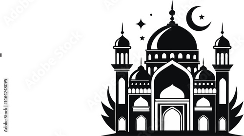 Ornate Mosque with Crescent Moon - Black Silhouette Vector