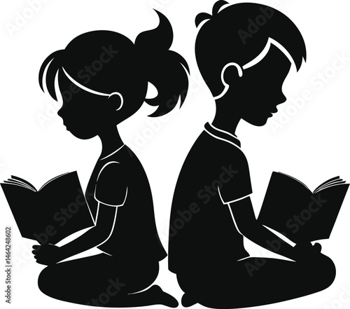 Children Reading Books Silhouette - Boy and Girl Vector Illustration