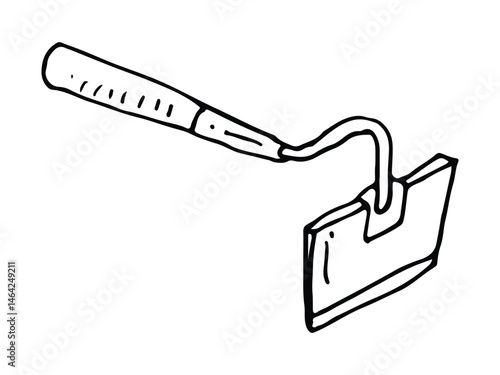 Hand-drawn illustration of a gardening hoe with a curved metal blade and wooden handle
