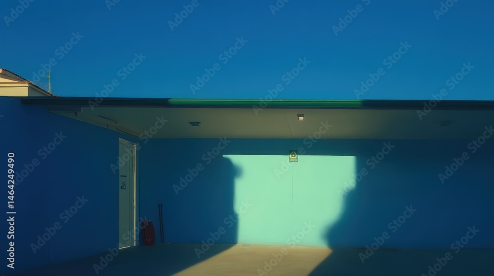 Fototapeta premium Teal-blue building wall with white door and beige awning under deep blue sky, shadow cast on exterior