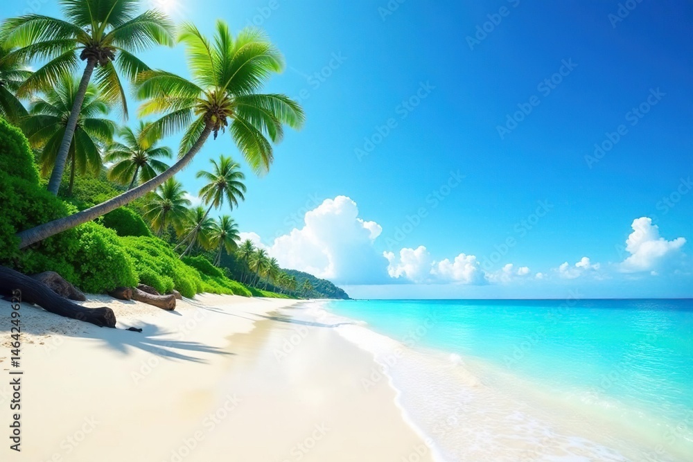 Obraz premium Clear blue sky above pristine beach, gentle surf, clear, background