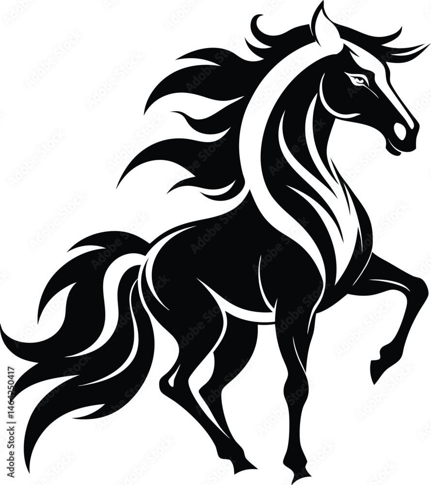 Dynamic Black and White Horse Silhouette with Flowing Mane Dynamic Black and White Horse Silhouette with Flowing Mane