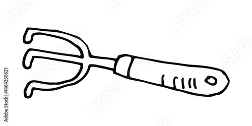 Line drawing of a hand garden hoe tool with a detailed handle and prongs