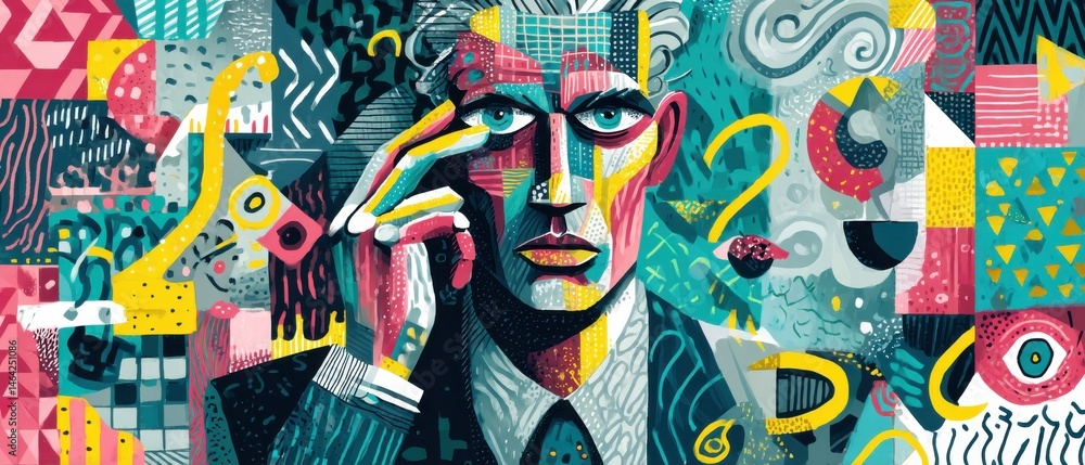 Fototapeta premium Colorful abstract portrait of thoughtful adult man with hand on face surrounded by question marks, concept of problem solving, creativity and mental health