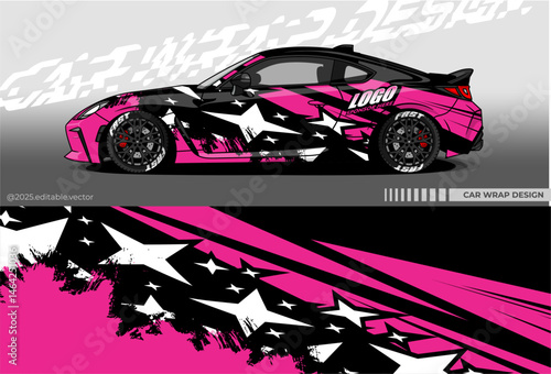 Car wrap design vector with black pink colour. Abstract star decal livery. Sticker vinyl body car. Suitable for racing, drift, rally or daily use