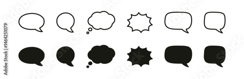 Speech bubble vector set in outline and filled black style.
Minimal communication shapes for dialog and message