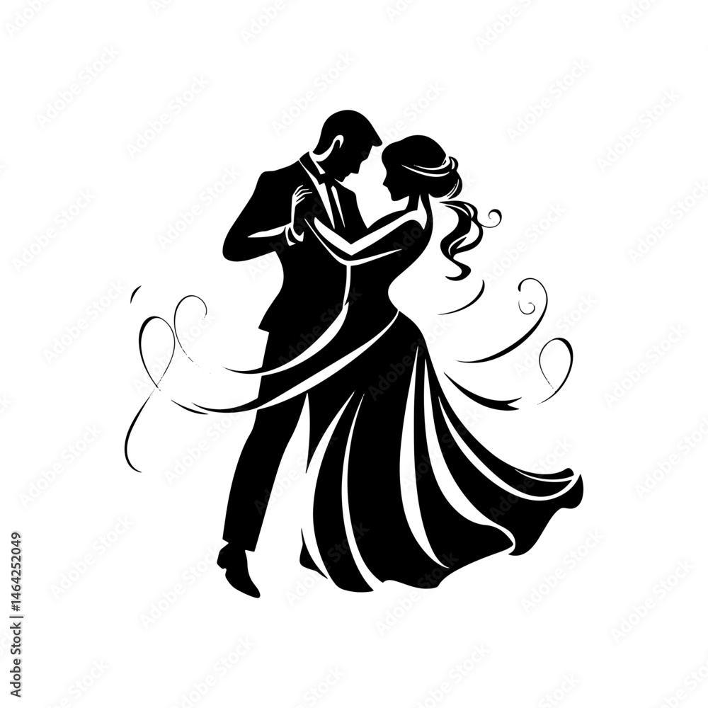 Dance of Hearts: An elegant illustration capturing a romantic couple gracefully dancing, perfect for wedding invitations, celebrating love, and evoking the joy of a special event. Dance of Hearts: An elegant illustration capturing a romantic couple gracefully dancing, perfect for wedding invitations, celebrating love, and evoking the joy of a special event.