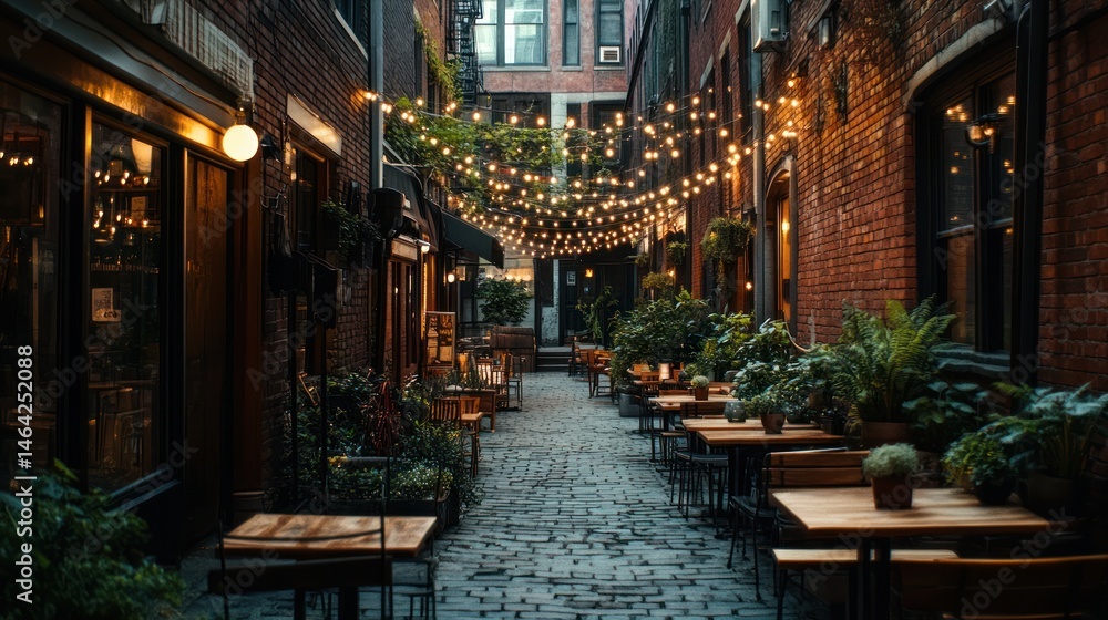 Fototapeta premium A charming urban alleyway lined with restaurants and shops, adorned with string lights and greenery. Outdoor seating is offered amidst the brick buildings