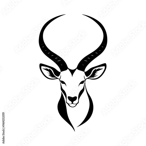 Elegant Springbok Head: A stylized illustration of a springbok's head, showcasing its elegant curved horns and serene expression.  The black and white design is clean and sophisticated.