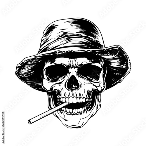 Sinister Skull with Cigarette in a Hat: A dark and thought-provoking image of a skull, sporting a hat and cigarette, staring directly at the viewer with an unsettling gaze.