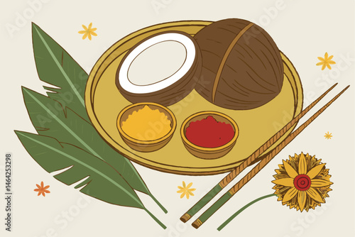 31 Traditional Indian puja thali, golden brass plate, coconut, marigold flower, kumkum powder, turmeric powder, rice grains, incense sticks, banana leaves, vibrant colors, ornate details, realistic te