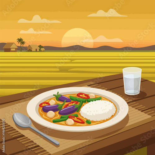 Delicious Asian Curry Dish with Rice on a Wooden Table Outdoors