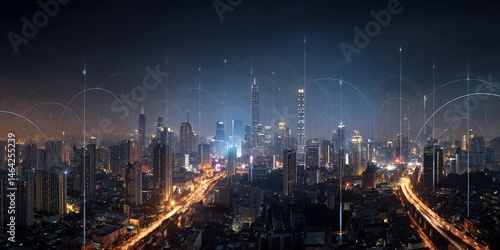 Wallpaper Mural Urban Smart City Technology Illustration with Wireless Signals and Wi-Fi Connectivity in a Vibrant Nightscape Over a Modern Skyline Torontodigital.ca