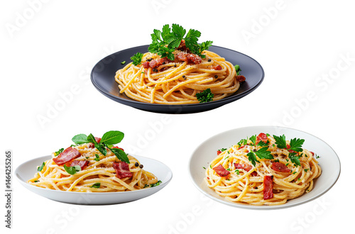 Plates of delicious spaghetti carbonara Italian bundle