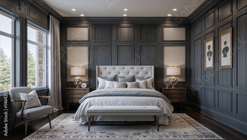 A cozy bedroom in a hotel room with soft lighting and modern decor