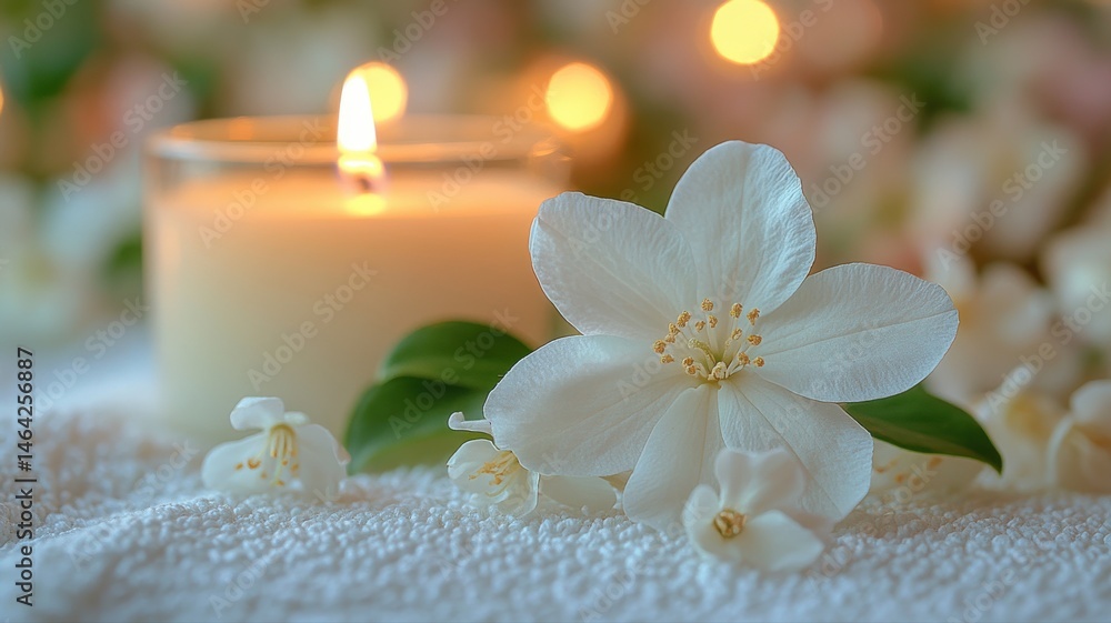 Tranquil Spa Still Life with Burning Candle and White Jasmine Flowers on Towel candle spa tranquil Tranquil Spa Still Life with Burning Candle and White Jasmine Flowers on Towel candle spa tranquil