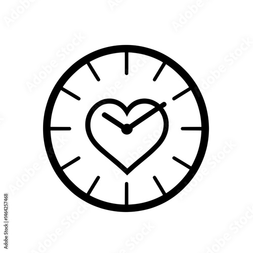 Heart clock icon with black outline representing love for time, punctuality, and romantic timekeeping