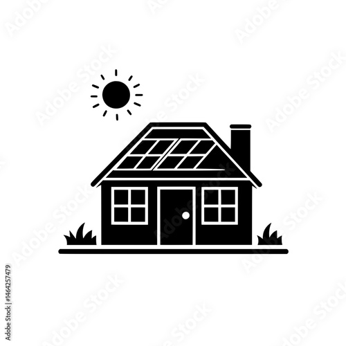 Black house icon with solar panels and sun above representing clean energy and modern sustainable housing