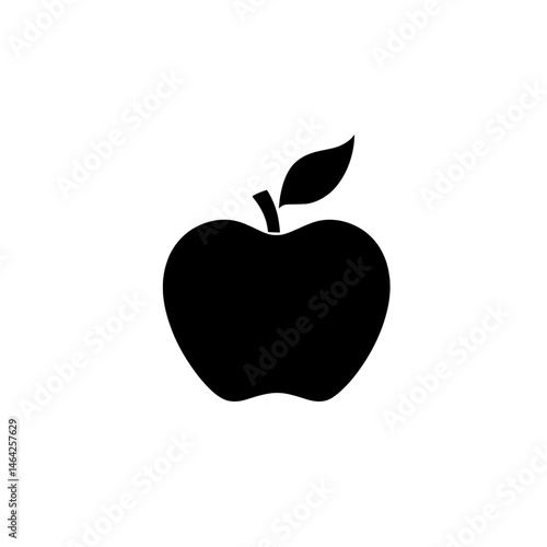 Black apple icon with single leaf silhouette representing healthy eating and natural fruit theme