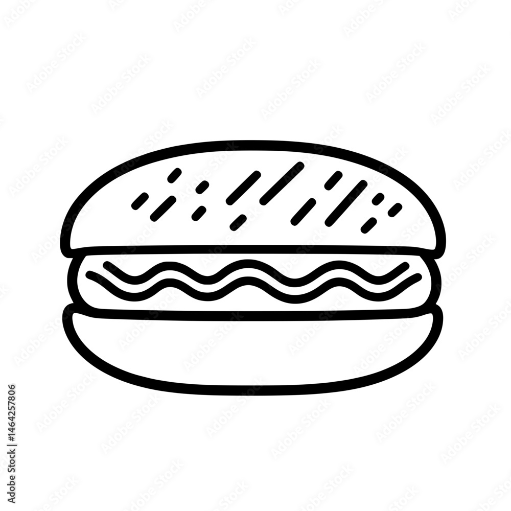 Minimal hamburger icon with double bun and patty in a clean black and white line art style Minimal hamburger icon with double bun and patty in a clean black and white line art style