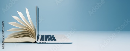 Open book and laptop placed back-to-back on a clean light blue background, symbolizing modern education and online learning concept.