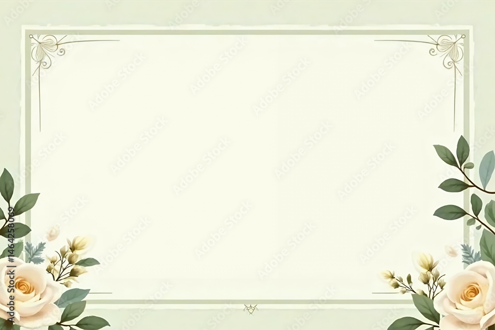 Fototapeta premium A soft ivory-toned wedding invitation template with pale green borders, featuring delicate golden floral accents and creamy white roses with soft greenery. 