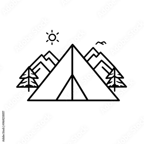 Tent and Mountain Icon with Sun Representing Camping and Outdoor Adventure