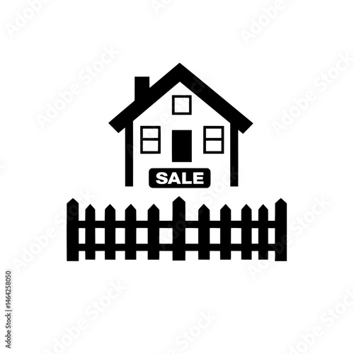 Story House Icon with Sale Banner and Fence Indicating Property for Sale