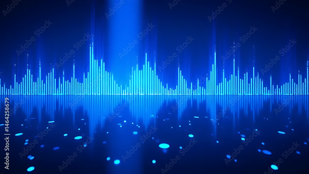 A captivating blue soundwave, visually representing audio, with an equalizer graphic and scattered light particles reflecting on a surface, perfect for technology, music, or abstract concepts. A captivating blue soundwave, visually representing audio, with an equalizer graphic and scattered light particles reflecting on a surface, perfect for technology, music, or abstract concepts.