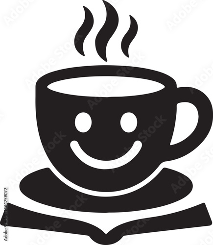 Happy cup of coffee steam rising with smiling face and open book silhouette