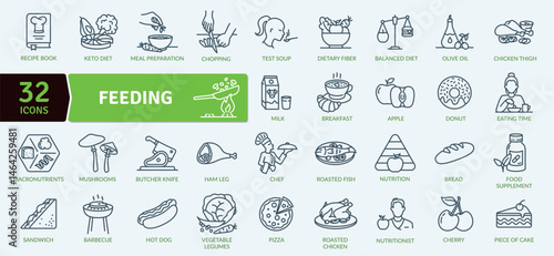 Food and Nutrition Icon Collection: 32 Culinary and Dietary Line Illustrations