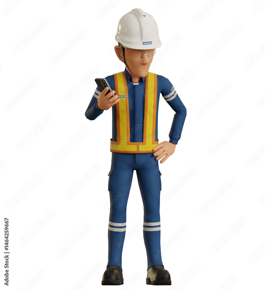 Isolate industrial worker is using the mobile phone on transparent background Isolate industrial worker is using the mobile phone on transparent background