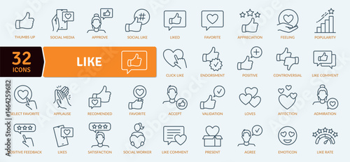 Social Media Engagement Icon Set: 32 Like and Approval Line Illustrations