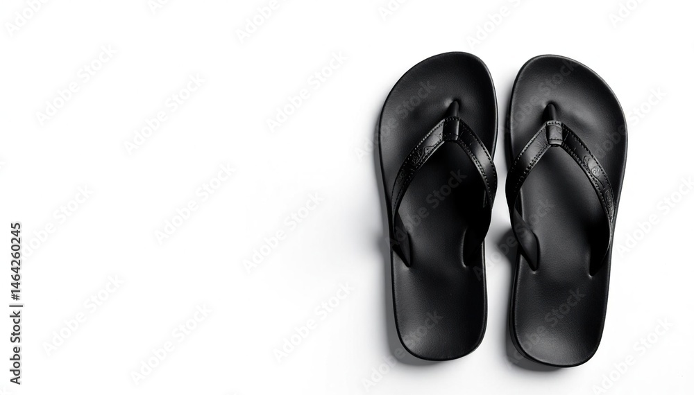 Pair of black flip-flops isolated on white, close-up view, summer, close-up, soles Pair of black flip-flops isolated on white, close-up view, summer, close-up, soles