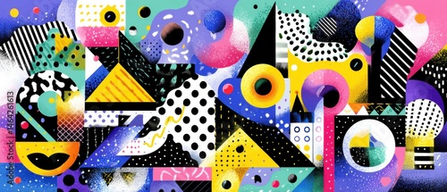 Fototapeta Naklejka Na Ścianę i Meble -  Vibrant abstract geometric pattern with bold colors and playful shapes, creating a dynamic and modern background for creative design projects