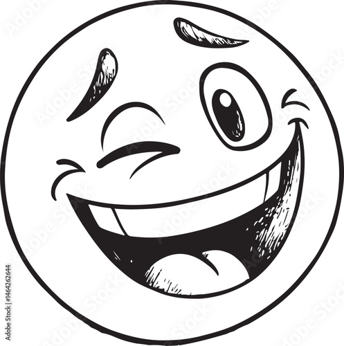 Wink, Winking, Playful, Face Emotion, Reaction, Emoji, Black and White Vector Illustration, Sketch Drawing Line Linear Symbol Icon Engraving, Hand-drawn Isolated