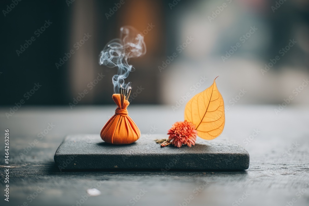 Enjoying the Soothing Aroma of Saffron While Contemplating the Beauty of Nature With Incense, a Flower, and Delicate Leaves
