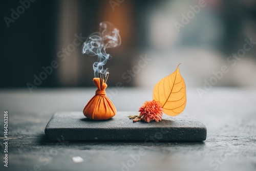 Obraz na płótnie Enjoying the Soothing Aroma of Saffron While Contemplating the Beauty of Nature With Incense, a Flower, and Delicate Leaves w salonie