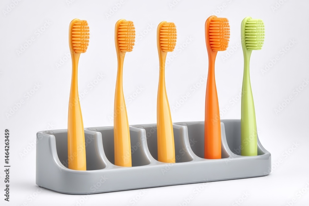 Four Colorful Toothbrushes Arranged Neatly in a Grey Holder for Effective Oral Hygiene Routines at Home