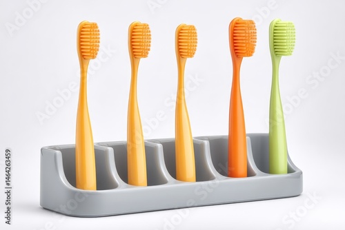 Obraz na płótnie Four Colorful Toothbrushes Arranged Neatly in a Grey Holder for Effective Oral Hygiene Routines at Home w salonie