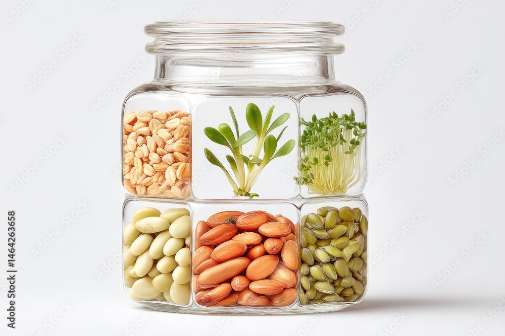 Colorful Glass Container Filled With a Variety of Seeds Showcasing Diverse Plant Life in an Organized Display