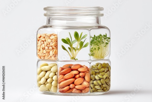 Colorful Glass Container Filled With a Variety of Seeds Showcasing Diverse Plant Life in an Organized Display