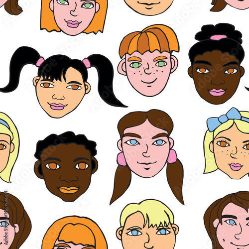 Vector colorful seamless pattern with cartoon faces, heads of kids, boys and girls. Friendship theme. Childish fun cute texture backdrop. Hand drawn color bright illustrations, clip arts.