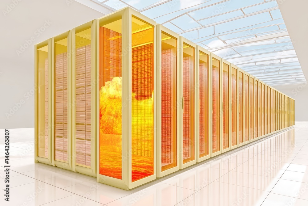 Burning Data Server Rack Emits Glowing Light in Modern Tech Facility During Critical Failure