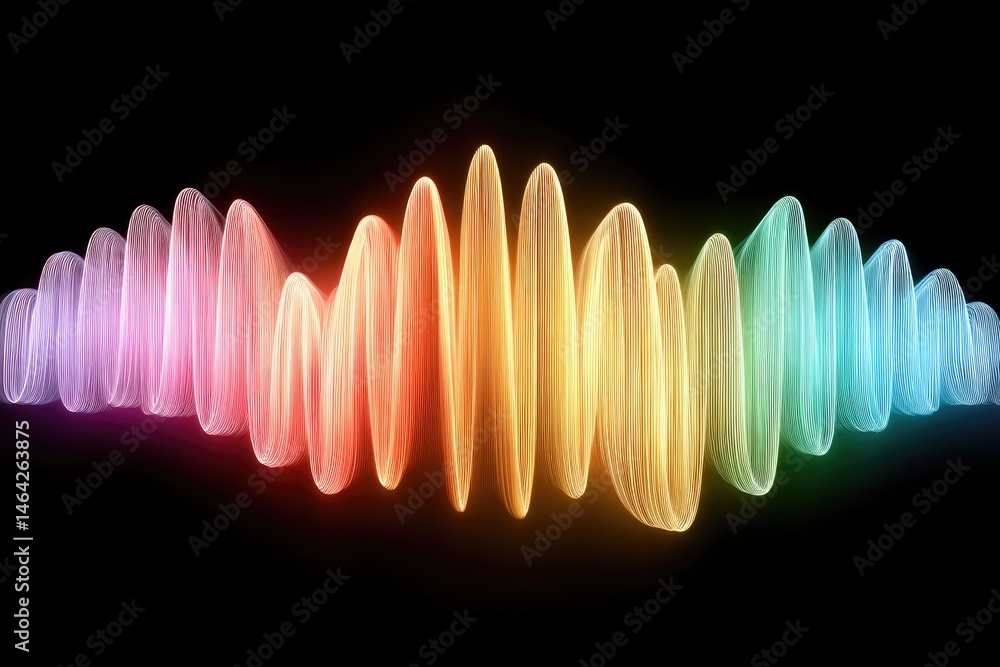Glowing Rainbow Soundwave Pattern on Black Background Creates an Enchanting Visual Experience Through Vibrant Colors and Smooth Waves