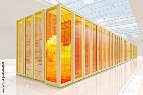 Obraz na płótnie Burning Data Server Rack Emits Glowing Light in Modern Tech Facility During Critical Failure w salonie